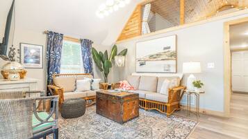 Smart TV, fireplace, books