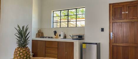 Fridge, microwave, stovetop, coffee/tea maker