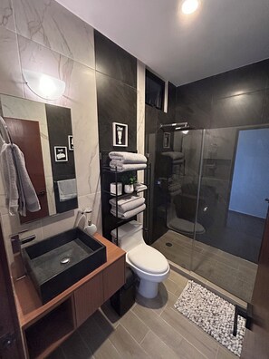 Shower, towels, toilet paper