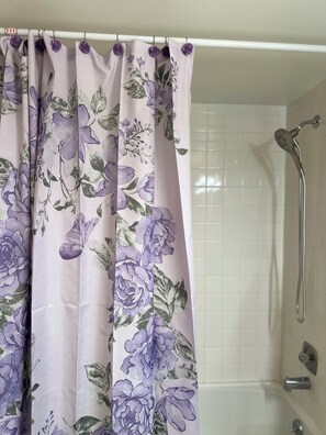 Hair dryer, towels, soap, shampoo