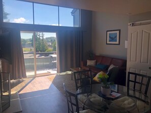 Televisie, een open haard, een dvd-speler en tafelvoetbal