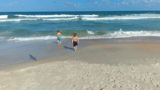 Een strandzicht met twee kinderen die naar het water lopen, een meeuw die boven hen uit vliegt en golven die op het strand breken.