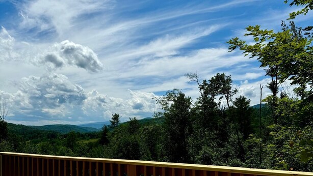 Vista da un balcone su un paesaggio boschivo sotto un cielo sereno.