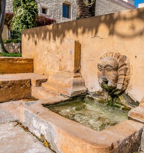 Stunning courtyard fountain features a lion's head sculpture at its center, surrounded by a low wall and steps leading up to it.