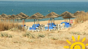 Una playa con sombrillas de paja y sillas reclinables azules.