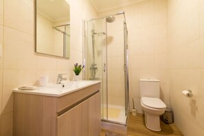 Bathroom features a glass-enclosed shower, vanity with sink and mirror, and a toilet.
