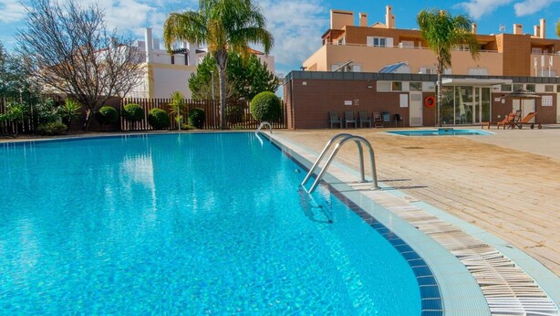 A clear blue swimming pool with a metal ladder, surrounded by a wooden deck and palm trees.