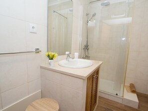 Shower, hair dryer, towels
