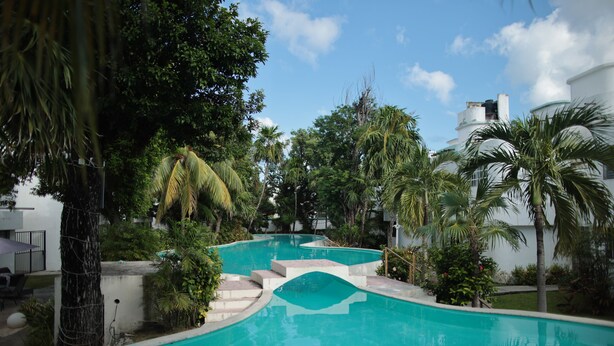 A swimming pool with a wavy design, surrounded by lush greenery and palm trees. - Casa Comfy (Cancun)