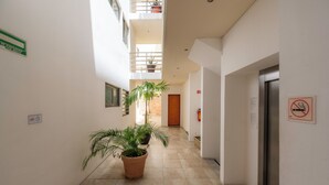 A clean, well-lit hallway with potted plants, a fire extinguisher, and a no-smoking sign. - Rooftop pool. Luxury apartment in Playa del Carmen (Playa del Carmen)