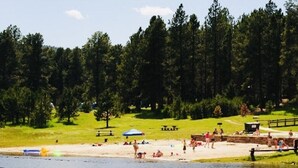 A lakeside park with picnic areas, a sandy beach, and dense trees in the background.