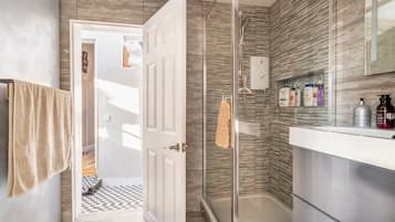Shower, hair dryer, bidet, towels