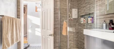 Shower, hair dryer, bidet, towels