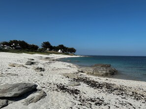 En strand med vit sand, spridda stenar och en klarblå himmel.