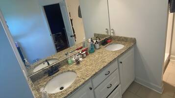 Hair dryer, bidet, towels, soap