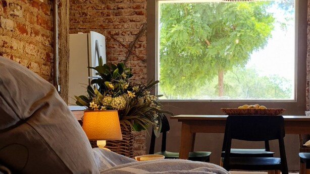 Un dormitorio con una cama grande, un escritorio con una silla, una ventana con vistas a árboles, y una lámpara colgante.