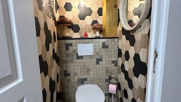 A small bathroom with a toilet, a sink, and a mirror. The walls are decorated with a geometric pattern.