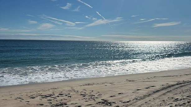 Une plage de sable où l’on peut voir des empreintes menant à l’eau, un ciel dégagé et l’océan.