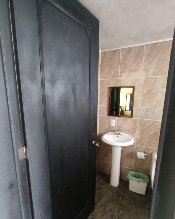 A bathroom with a dark door, a white sink, a mirror, and a green trash bin. - Hotel Mextlitlán Tierra de Lunas (Zacatlán)