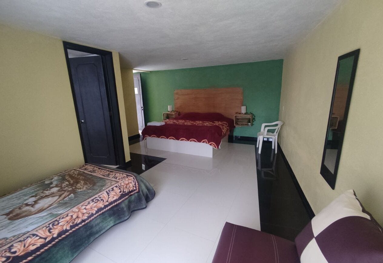 A bedroom with a bed, bedside tables, a chair, and a mirror.