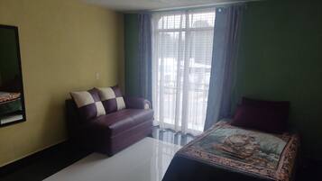 A room with a sofa, a bed, and a window with curtains.