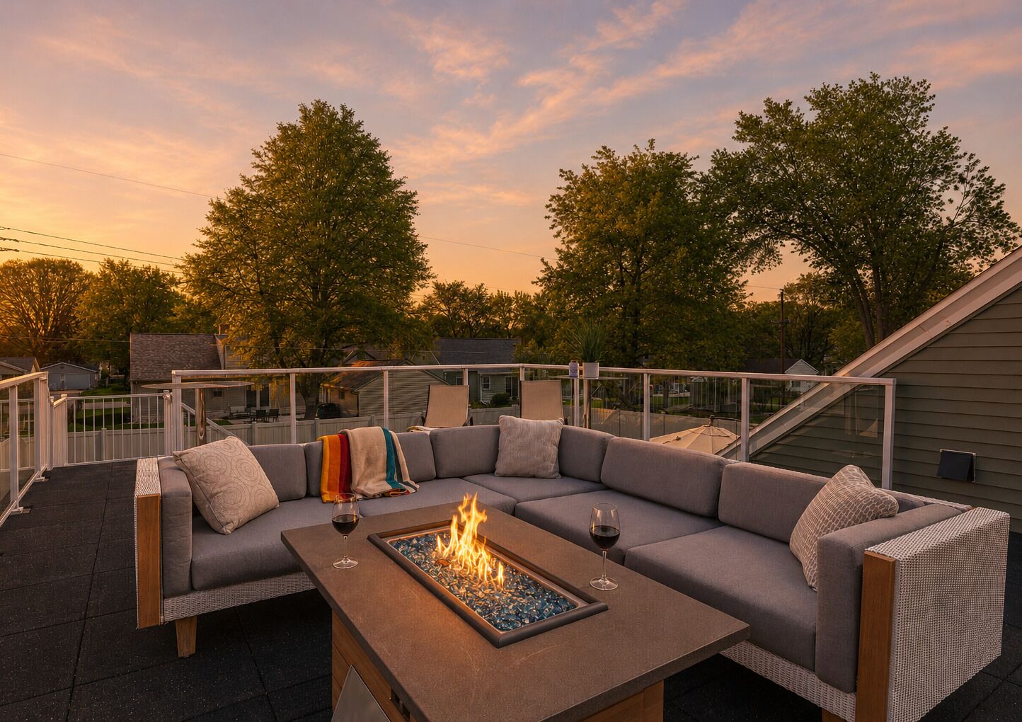 A rooftop patio with a fire pit, outdoor seating, and a view of the neighborhood.