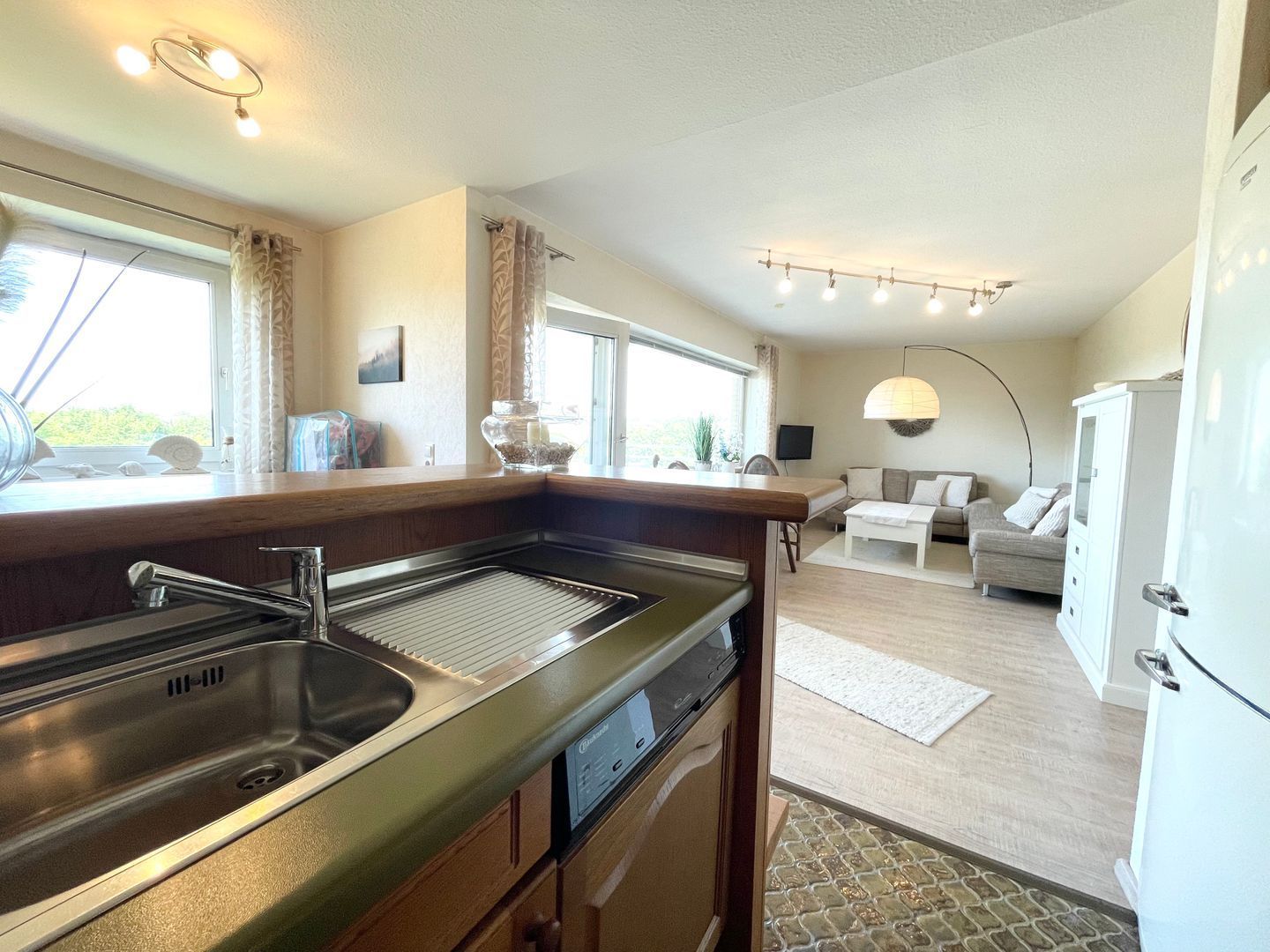 Eine moderne Küche mit integriertem Spülbecken und einem Essbereich mit Sofa und Couchtisch.