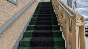 A staircase with green carpeted steps leading to a building entrance. - In Town 2BR: Dedicated Workspace, Free Wifi, Full Kitchen, and Laundry Access. (Fairbanks)