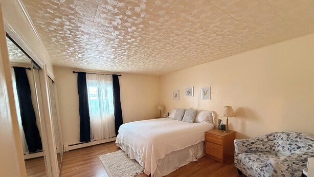 A bedroom with a bed, bedside tables, a chair, a patterned rug, and a ceiling with a textured design. - In Town 2BR: Dedicated Workspace, Free Wifi, Full Kitchen, and Laundry Access. (Fairbanks)
