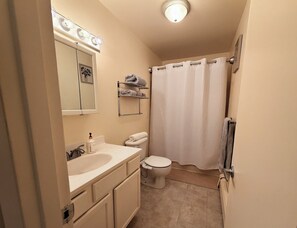 Hair dryer, towels, soap, shampoo