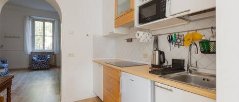 Kühlschrank, Mikrowelle, Herdplatte, Kochgeschirr/Geschirr/Besteck