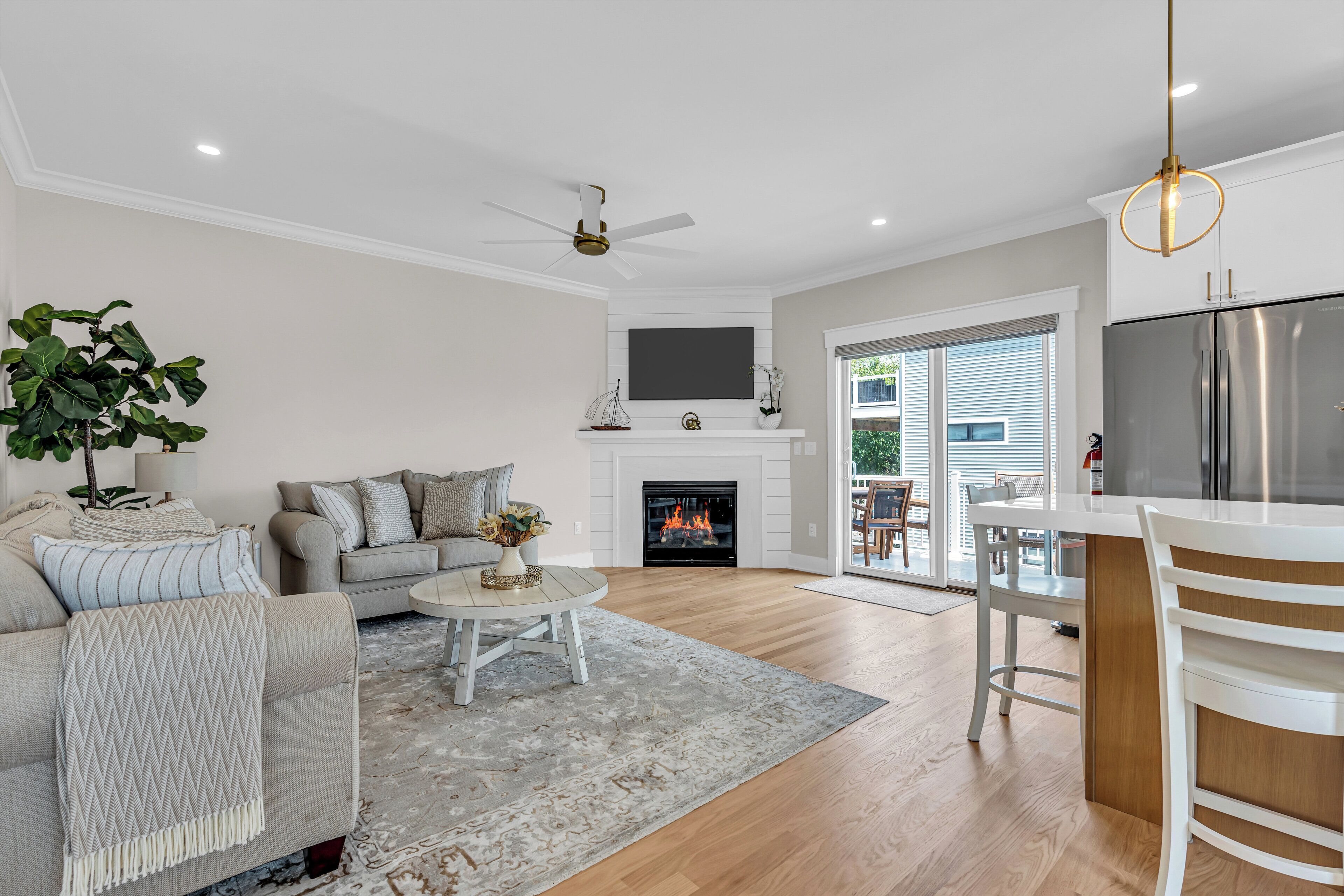 Smart TV, fireplace, books