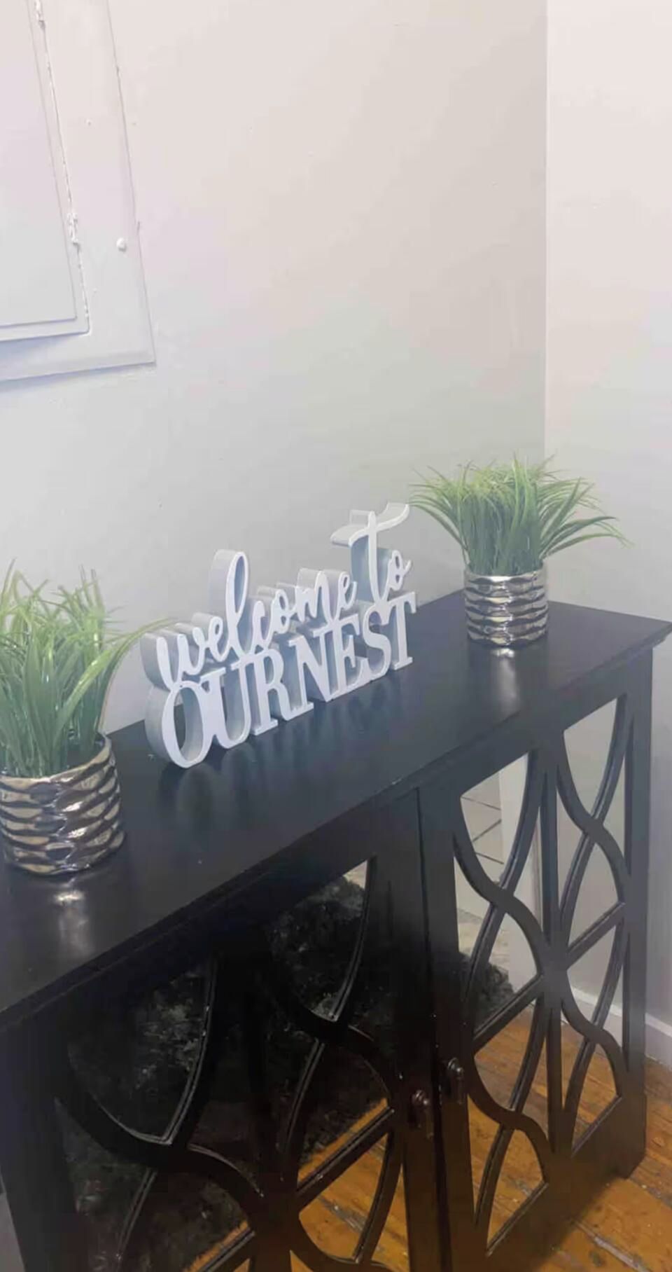 Una consola negra con un cartel que dice 'Welcome to OURNEST' y dos plantas en macetas.