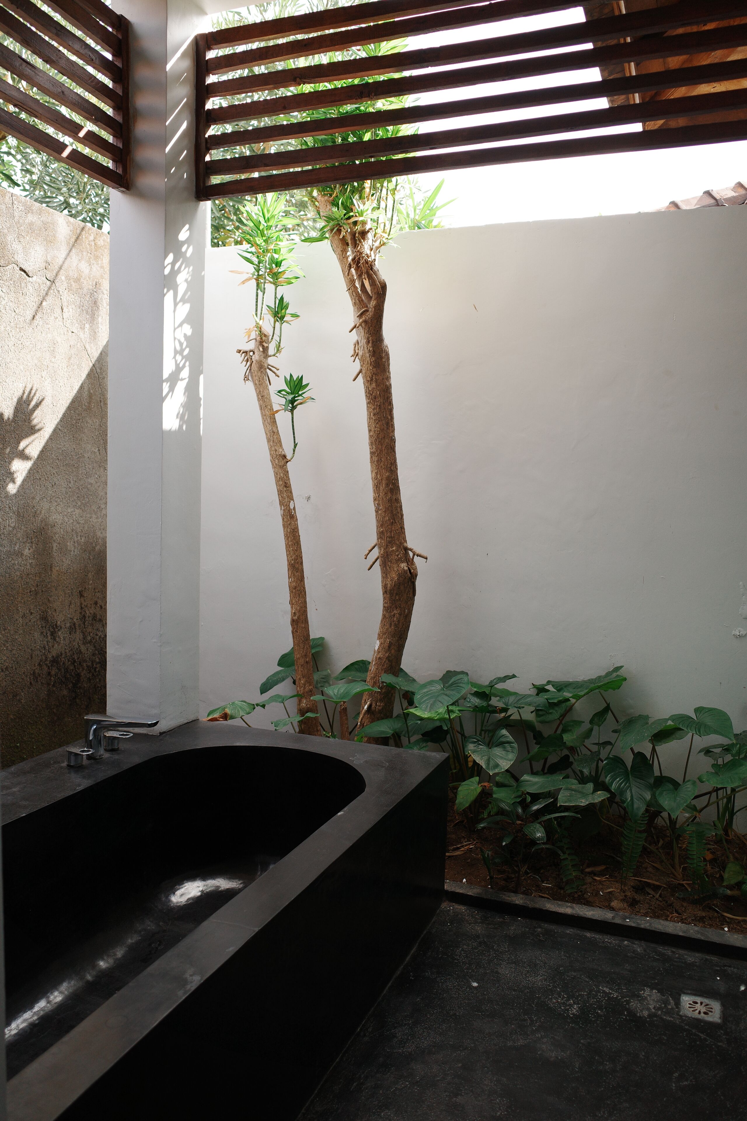 Casa de banho moderna com banheira preta, teto de ripas de madeira e plantas verdes.