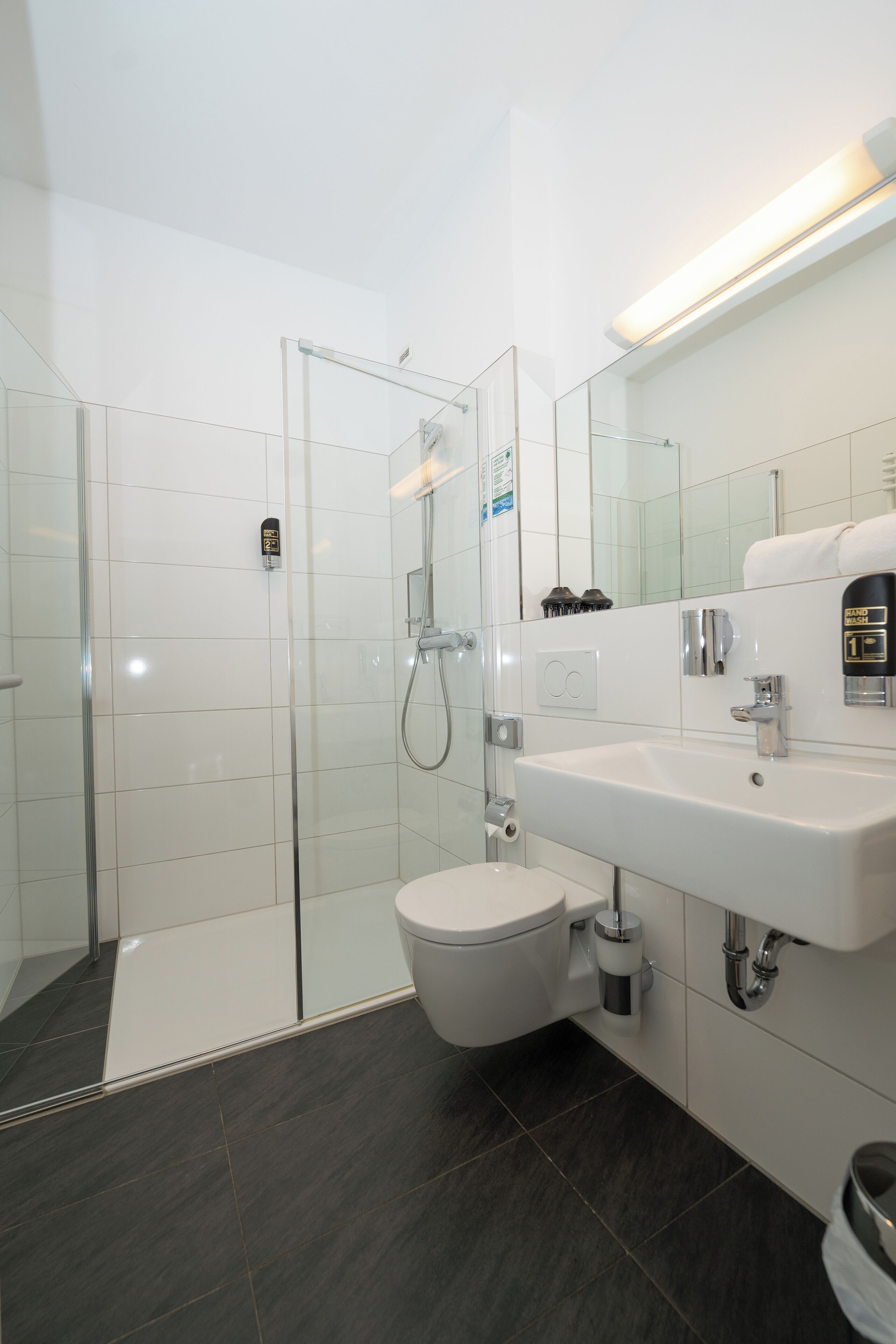 A modern bathroom with a glass shower enclosure, a white sink, and a toilet.