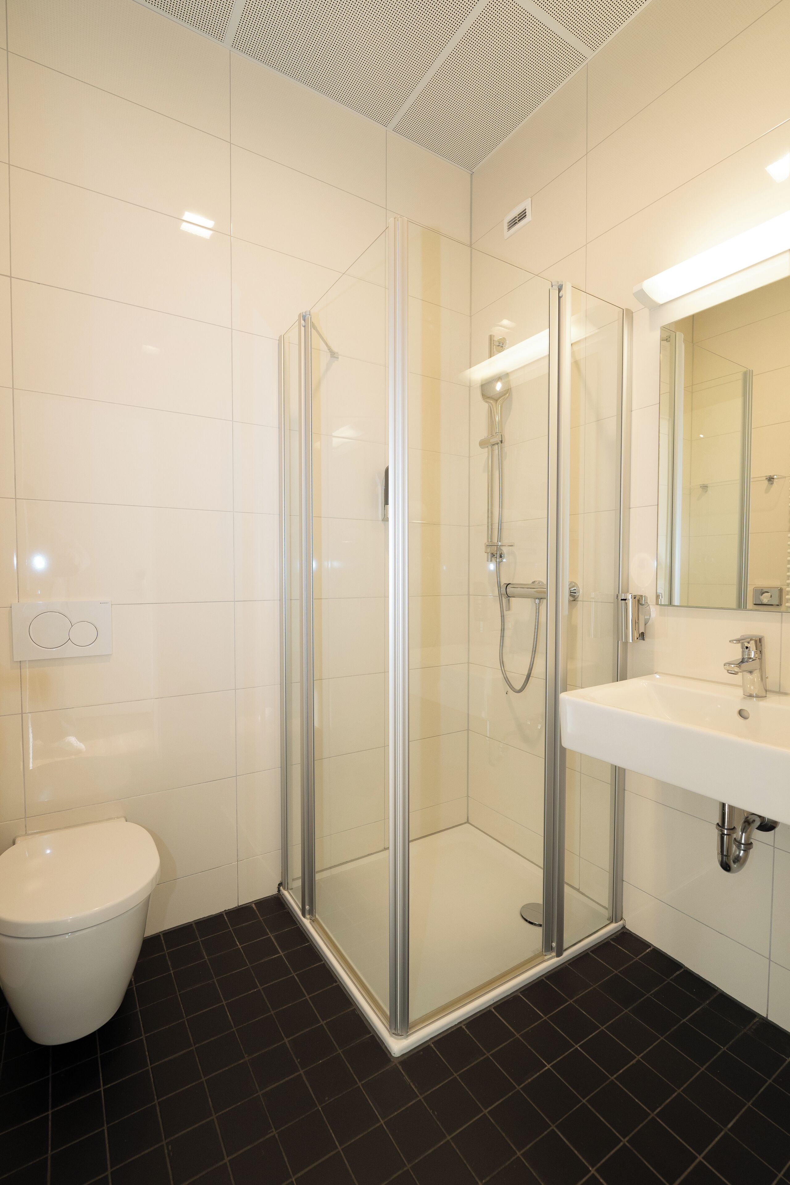 A modern bathroom with a glass-enclosed shower, a white sink, and a toilet.