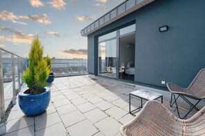 Una terraza en la azotea con una planta grande en maceta, sillas de mimbre y una mesa.