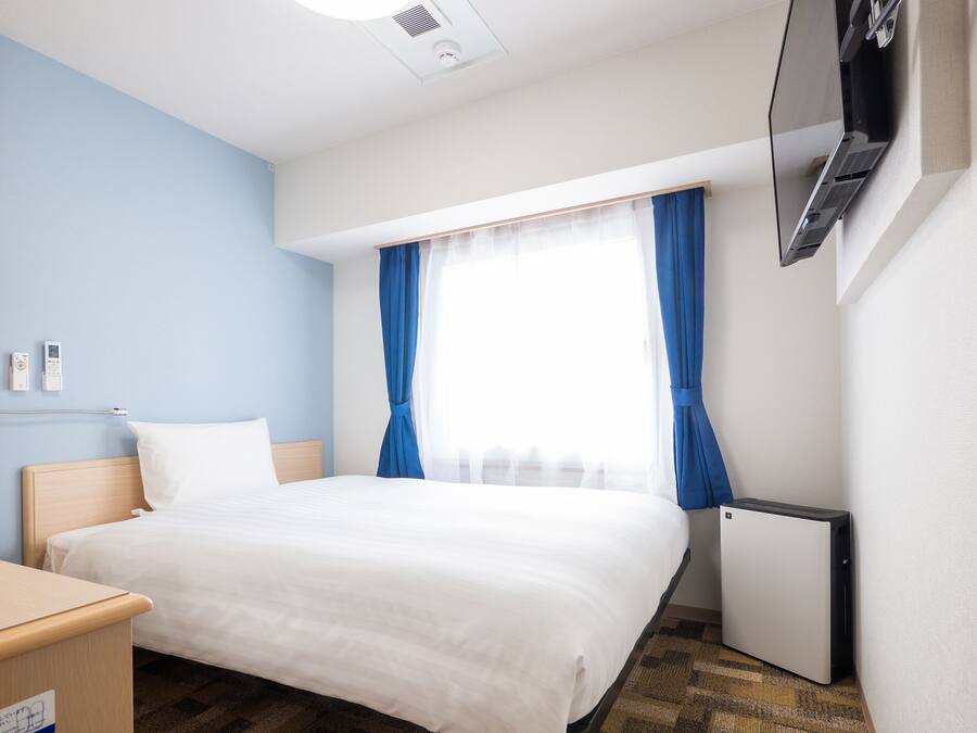 A hotel room with a bed, a desk, a TV, and a heater.