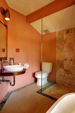 A bathroom with a white sink, a toilet, and a shower area. - Strawberry Hill Hotel & Restaurant (Baturiti)