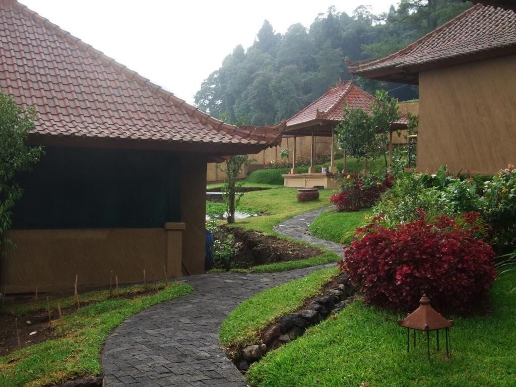A pathway leading to traditional-style buildings with tiled roofs, surrounded by lush greenery and a small water feature.