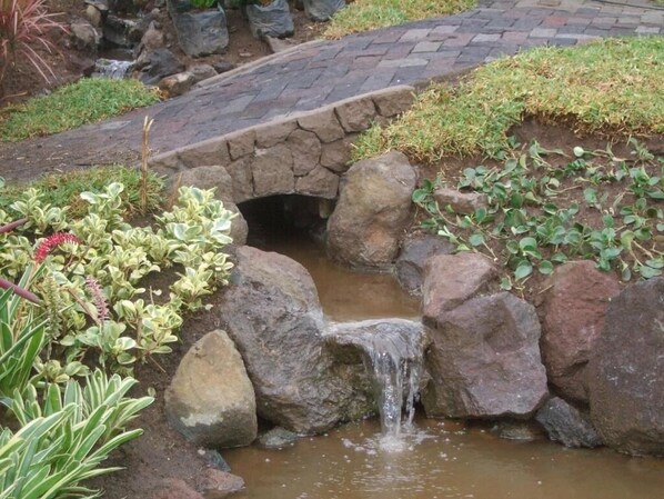 Un pequeño puente de piedra sobre un estanque con cascada, rodeado de follaje y vegetación.