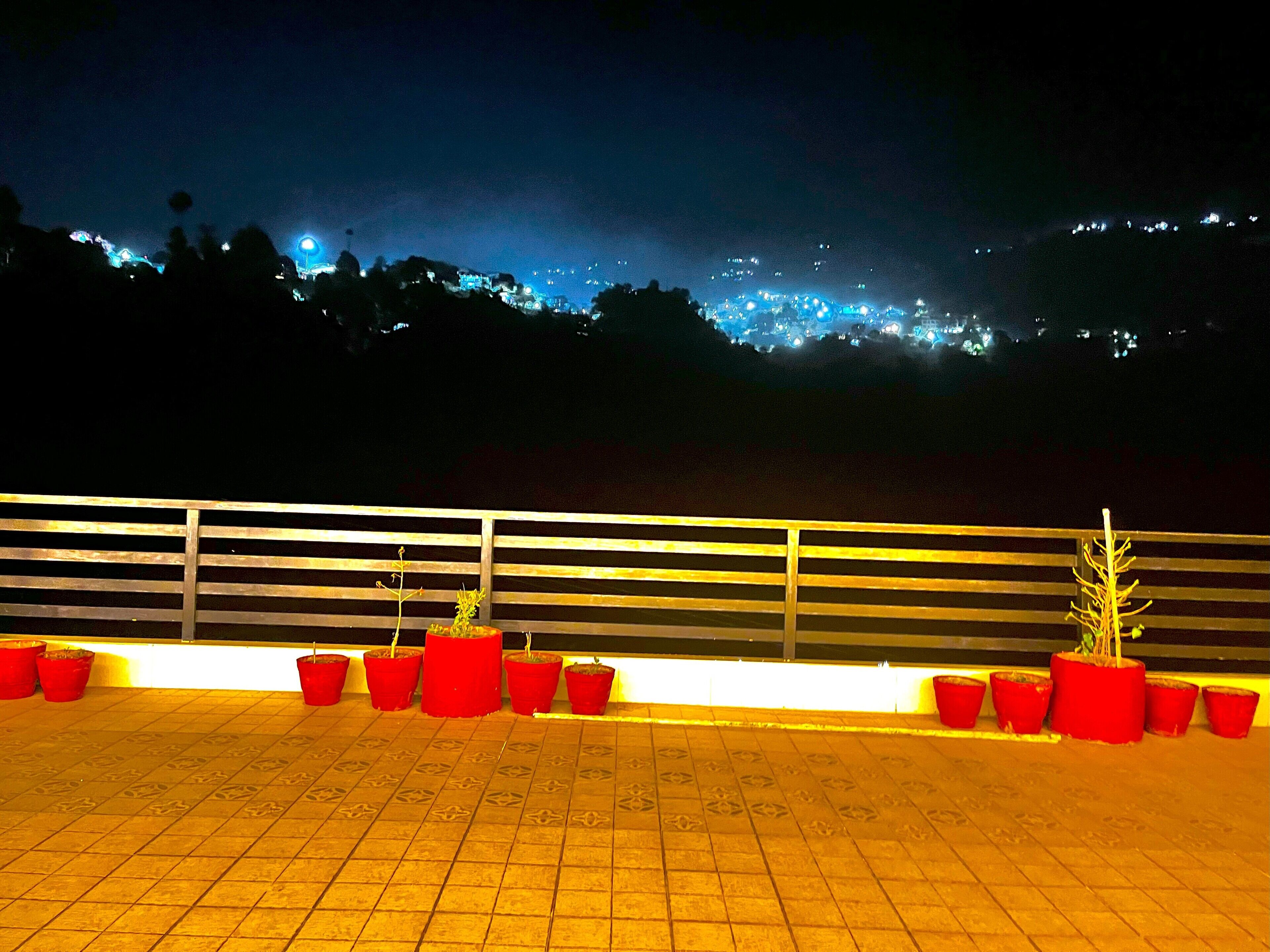 A nighttime view of a terrace with a railing, potted plants, and a distant cityscape.