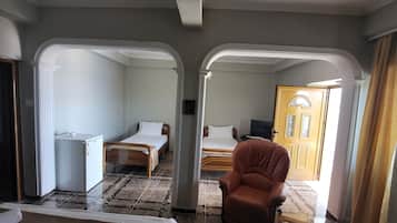 Una habitación de hotel con cama, una silla, escritorio y televisor.