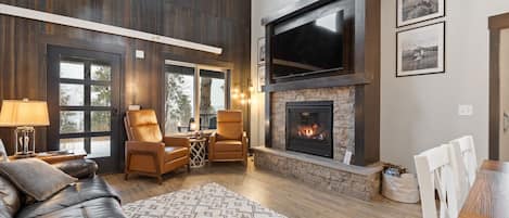 Smart TV, fireplace, books