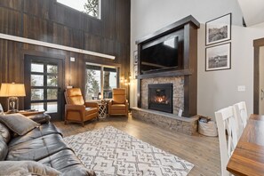 Smart TV, fireplace, books