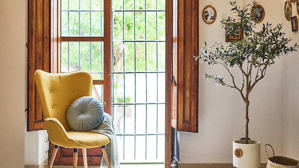 Una habitación con un sillón amarillo, una puerta de madera con contraventanas abiertas, un árbol en maceta y una lámpara fijada a la pared.