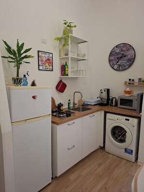 Een koelkast, een magnetron, een kookplaat, een vaatwasser