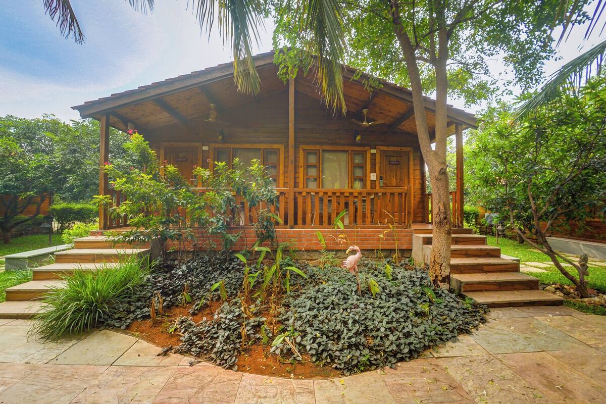 A wooden cabin with a porch, surrounded by lush greenery and a well-maintained garden.