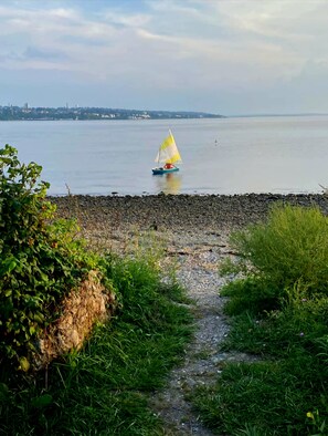 Plage à proximité, chaises longues, serviettes de plage