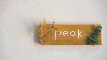 A wooden sign with the word 'peak' written on it, placed on a textured wall.